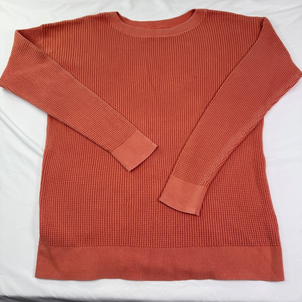 LL Bean Women L Petite Terracotta Orange Waffle Knit Cotton Sweater 525608